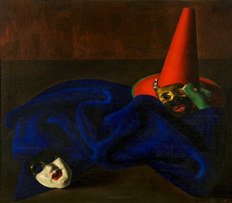 Maschere, 1954, olio su tavola telata cm 88x100.