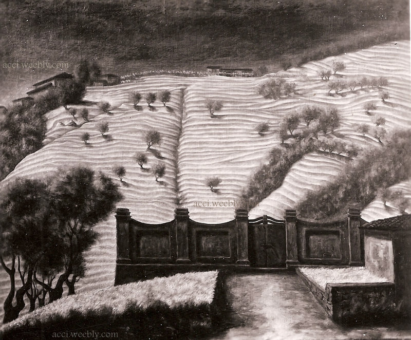 Giovanni Acci, Balze, 1960, olio su tela.
Paesaggio con grande cancello  ispirato ai luoghi di Fibbialla; vi si riconosce lo stesso muro di cinta del disegno "la fontana".