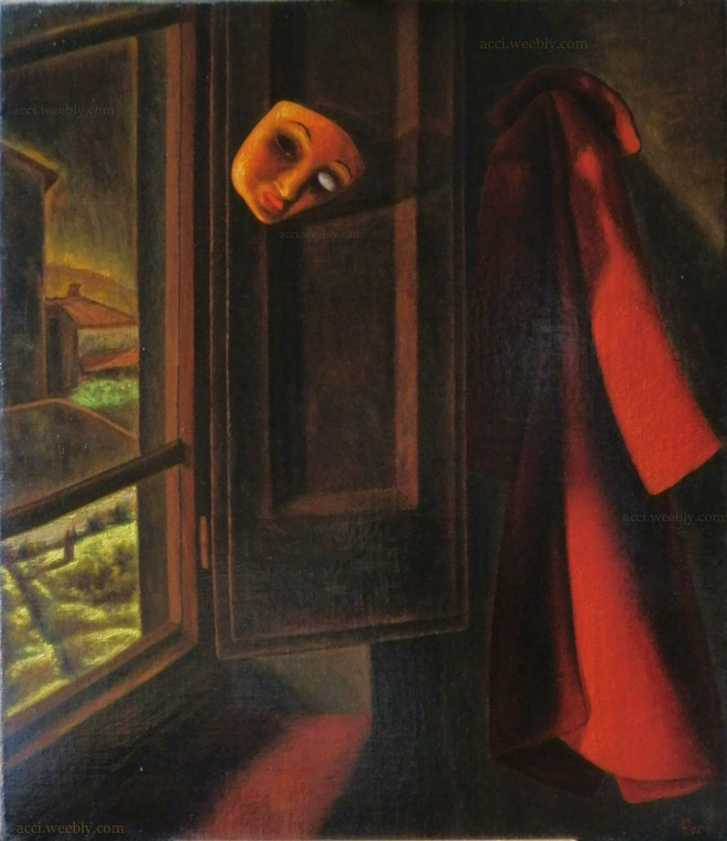 Maschera e cappotto rosso, 1960, olio su tela cm 102x88.